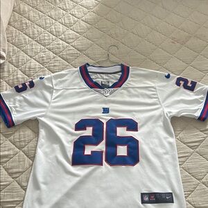 White NFL Jersey with Blue and Red Accents